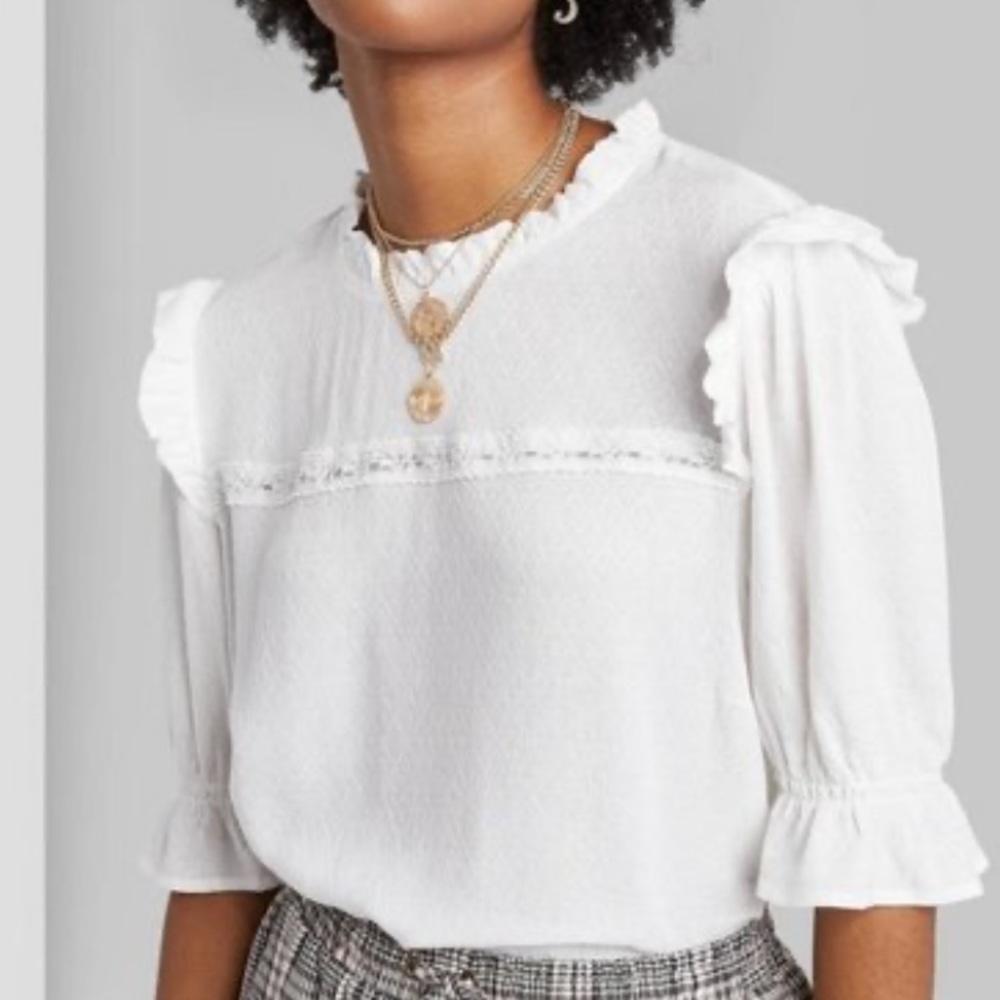 White Ruffled Blouse with Lace Detail